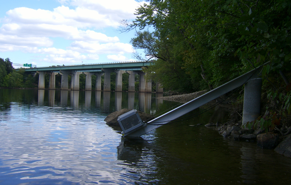 Aquatic sensors in the Merrimack River in Bedford NH with I-293 in the background.