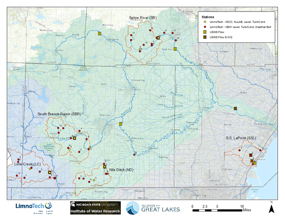 Project map showing the location of measurement stations. The project spans 50 sites, spread across five priority sub-watersheds in the Lake Erie region.