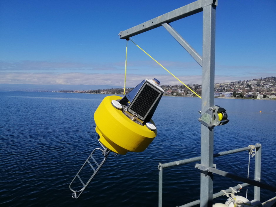 The NexSens CB-450 buoy being prepared for deployment.