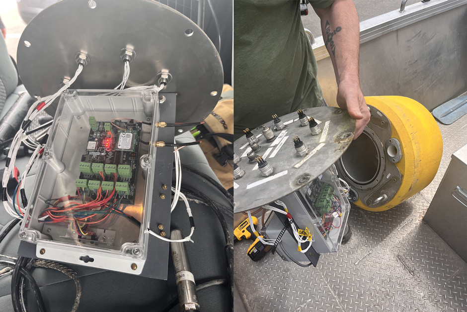 Technician Jeffrey Nuese holds the Panther Buoy dry well electronics including the Panther Logger with cellular modem.