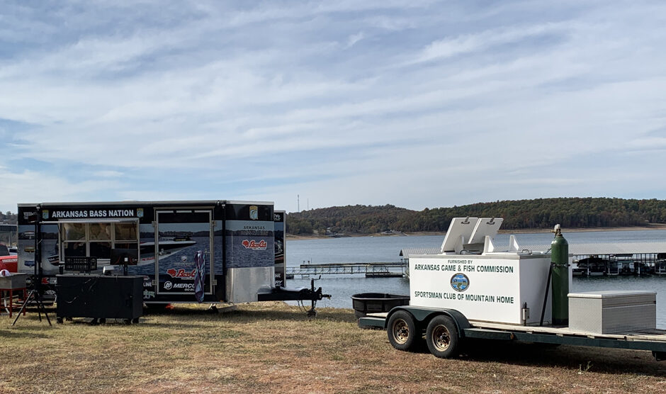 Fish care by the Arkansas Game and Fish Commission at a fishing tournament.