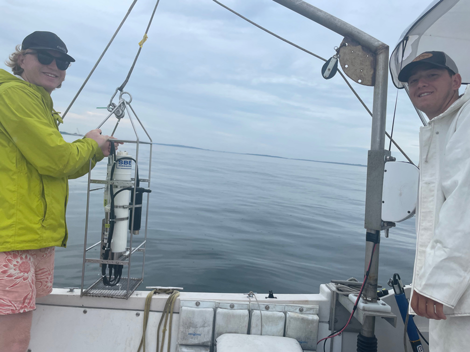 Wendell Swan and Thomas DiChiaro (URI-undergraduate students) conducting a spatial survey using Seabird 19plus in Narragansett Bay.