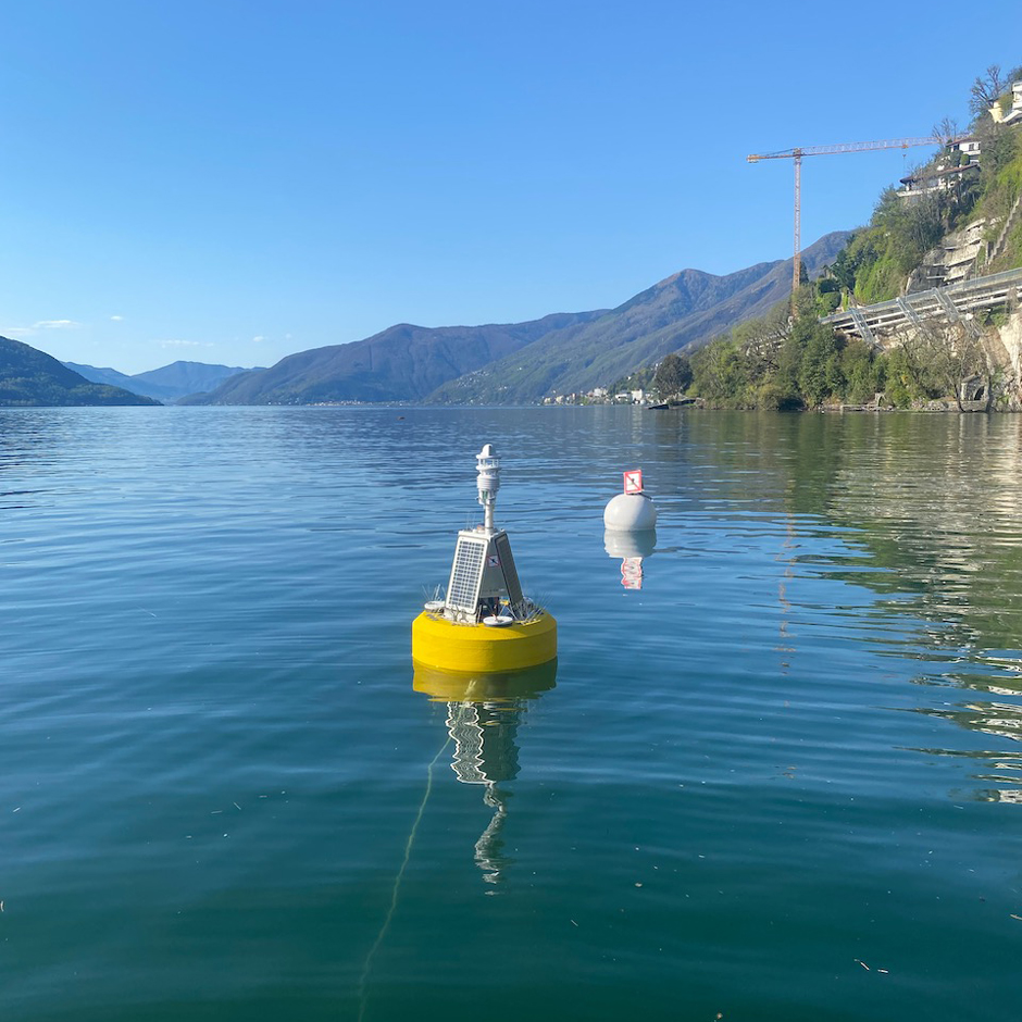 A NexSens data buoy deployed in a Swiss Lake.