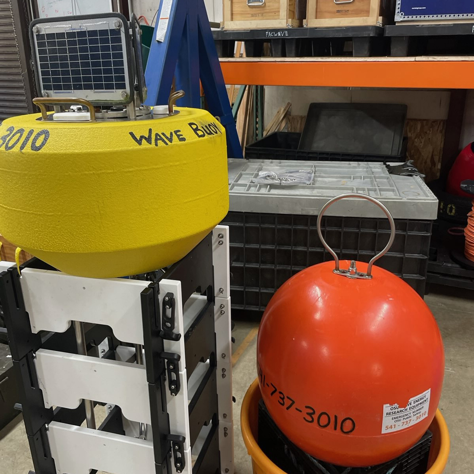 The buoy prepped for deployment in the workshop.