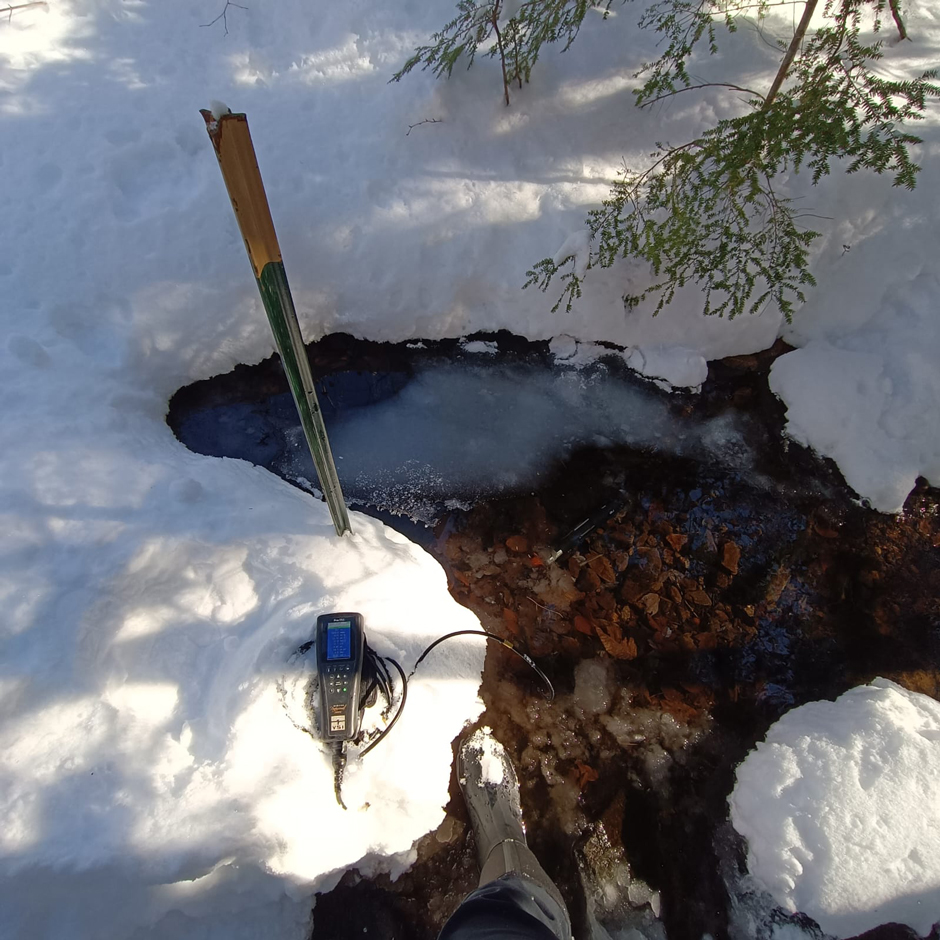Sampling the Lamprey River during the winter months. Handheld YSI sonde in the foreground collecting physical chemical data. A fence post is used as a staff gauge to record the water level on each sampling campaign visually.