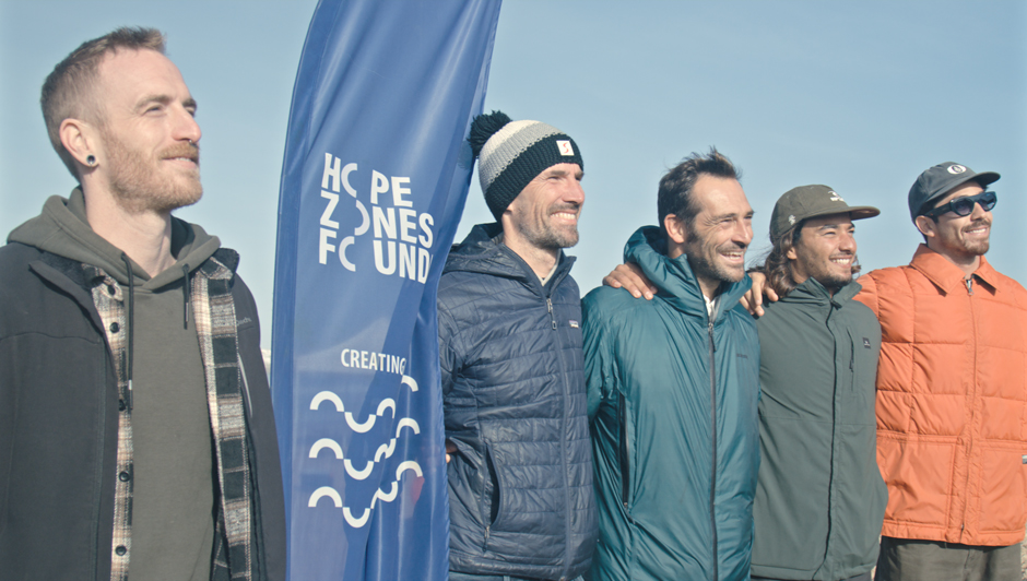 During the WSL One Ocean celebration. From left to right: Jan Verbeek, Lead Scientist at SeaForester; Joao Macedo, Co-Founder Hope Zones; Moritz Seidel, Co-Founder Hope Zones; Miguel Blanco, Hope Zones Ambassador; and Yago Dora, World Champion supporter.