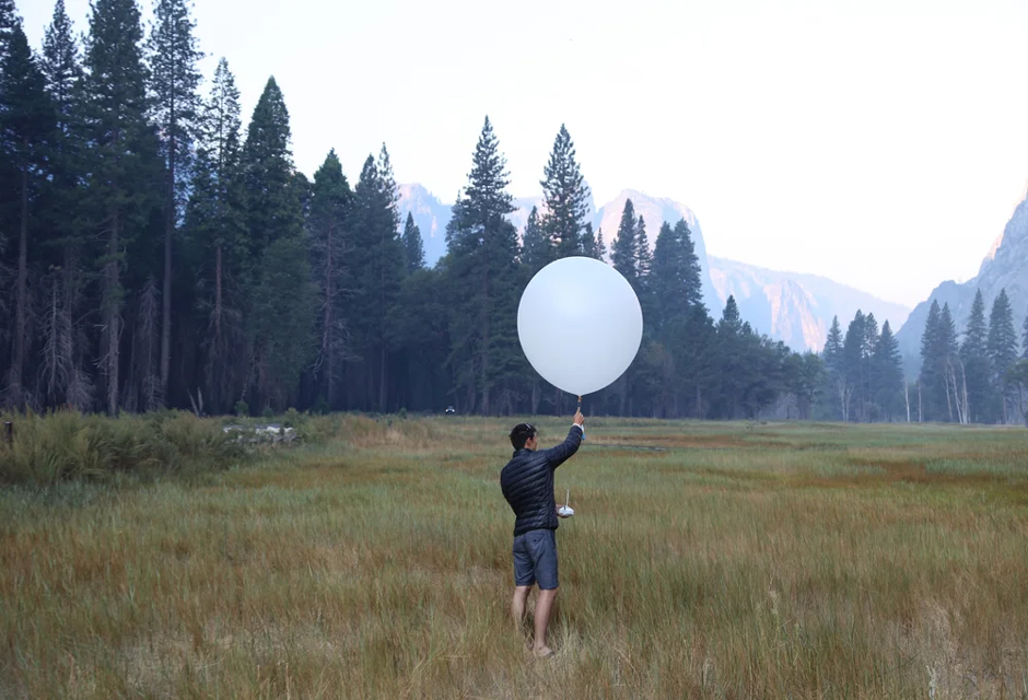 Weather balloon launch in Yosemite Valley, CA, during the Rim Fire, 2013.